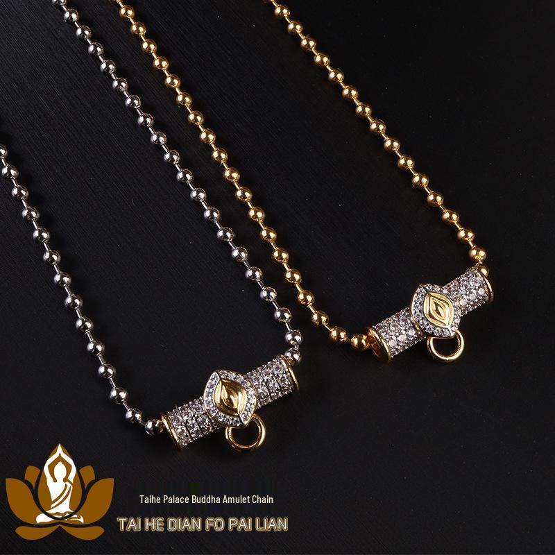 Thai Metal Buddha Amulet Necklace with Titanium Steel Beads, Curved Tubes, Micro-Paved Zircon, Nebula Eye, Butterfly, and Diamond-Set Chain.