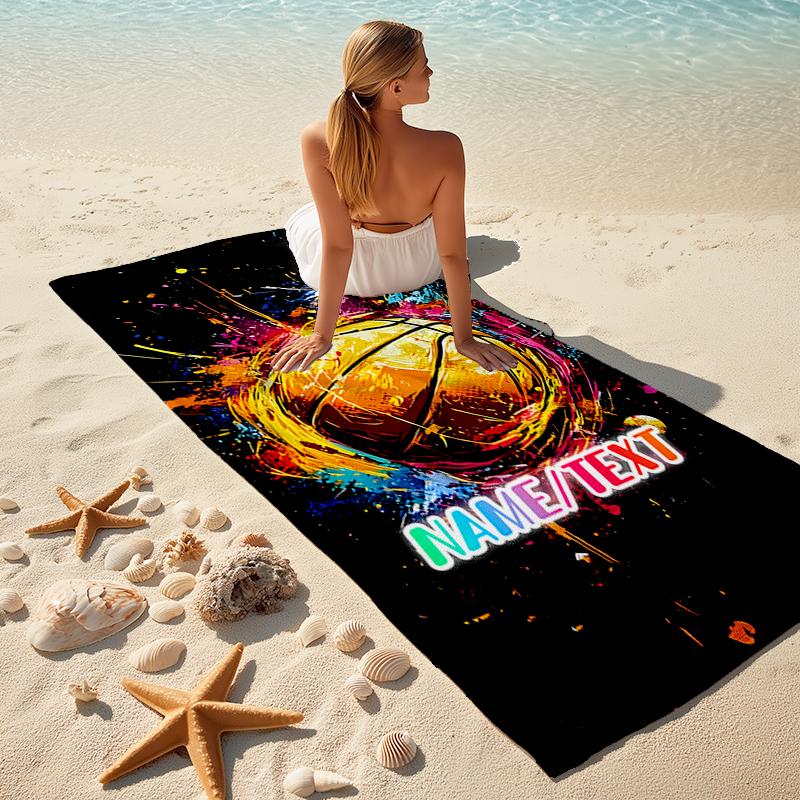 1PC Custom Name Colorful Basketball Artwork Beach Towel Highly Absorbent And Sand-Resistant Towel for Swimming, Pool, Yoga, And Travel Lightweight
