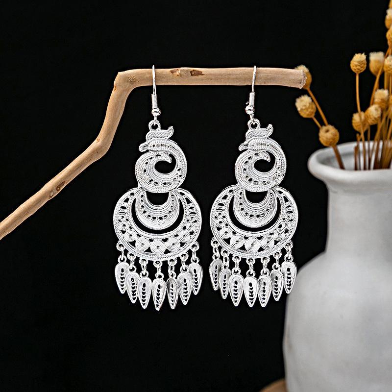 Vintage Miao Silver Minority Wind Earrings Personalized Bohemian Style Flower Long Fringed Earrings