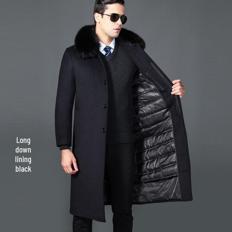 Men's Winter Wool Overcoat with Real Fur Collar and Detachable Liner - Knee-Length Jacket for Middle-Aged and Elderly
