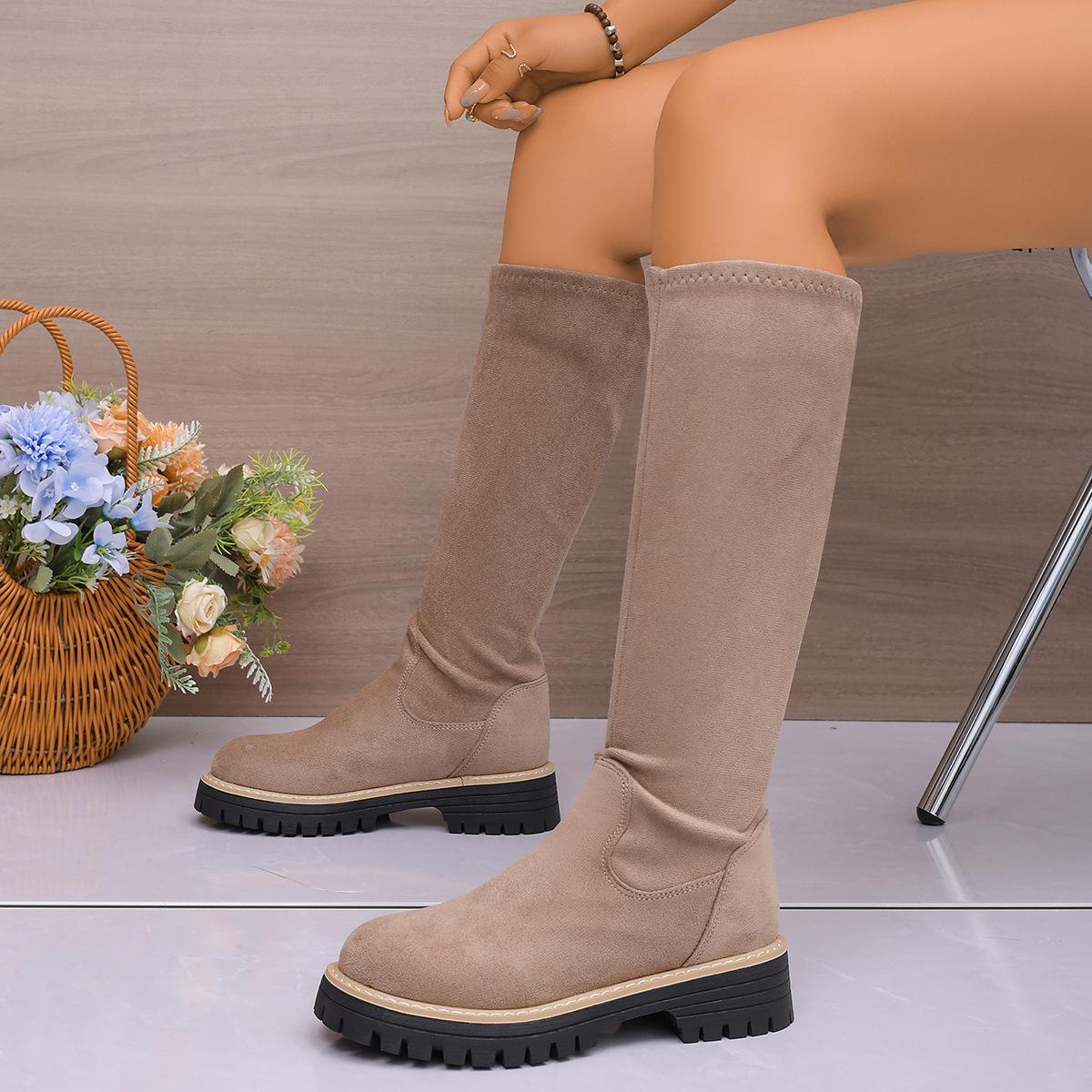 

Autumn and winter new Korean women s boots matte high boots and knee boots autumn and winter Korean version medium boots flat-bottomed long boot 43 хаки
