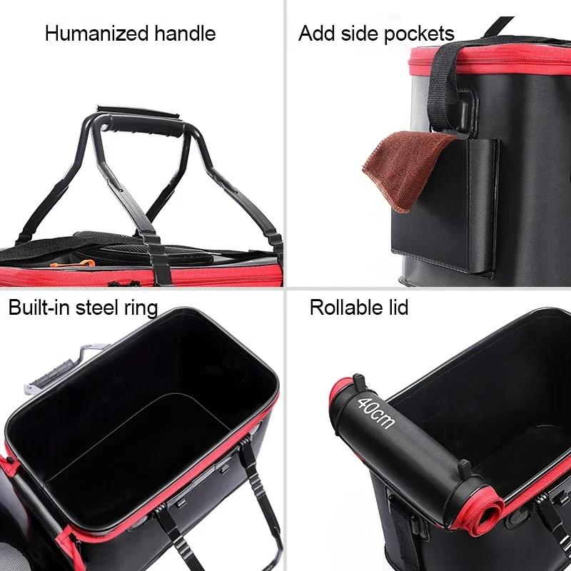 New 30-50cm Fishing Bucket EVA Foldable Carrying Handle Collapsible Live Fish Box with Side Pocket and Zipper for Travel Camping