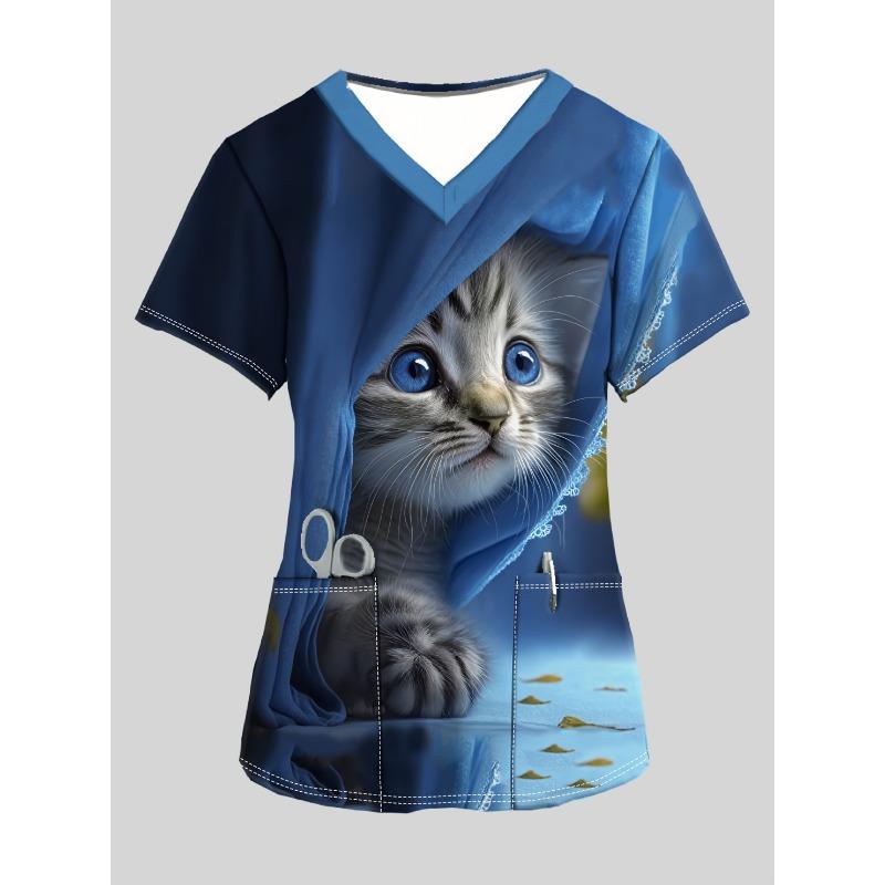 

Женский хирургический халат с V-образным вырезом и милым принтом кота, топы с коротким рукавом, дышащая полиэстеровая униформа медсестры, хирургический халат медсестры M