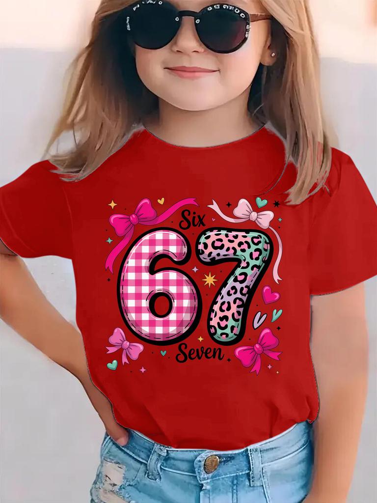 Fashion Girls Short Sleeve TShirt Plaid Leopard Print 67 Tee Top Birthday Gift Cute Bow Heart Six Seven Cartoon Print Top