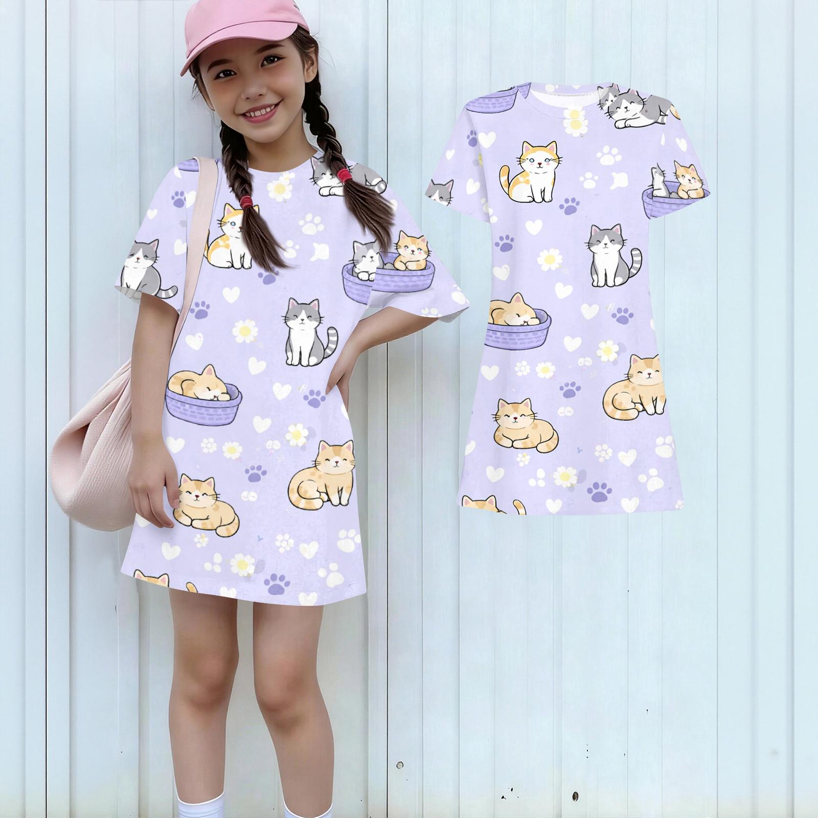 Girls Print Casual Dress Kids Loose Round Neck Short Sleeve Thin Sundress 160 фиолетовый