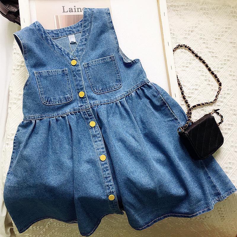 2023 Spring Baby Girls' Denim Suspender Skirt & Shirt Set - Two-Piece Dress