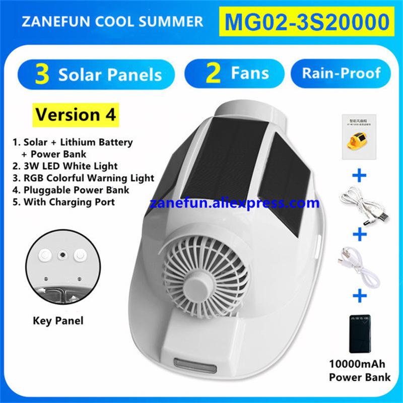 Helmet With 3 Solar Panels 2 Fans LED Light RGB Warning Rechargeable Lithium Battery Power Bank Outdoor Work Solar Fan ABS Cap