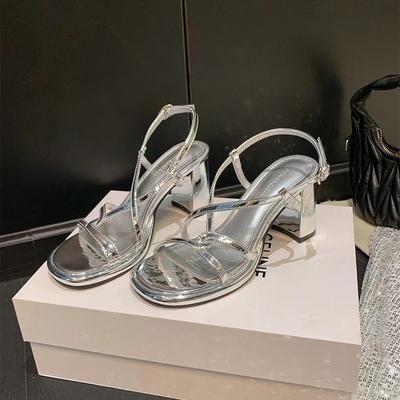 Internet Celebrity Roman Silver High Heels Femininity Beautiful High Sense Cross Word with Thick Heel Fairy Sandals Summer