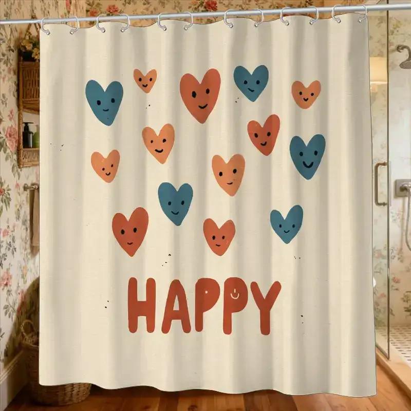 

Happy Hearts Shower Curtain – Smiling Blue & Orange Hearts, Bold Happy Text, 12 Hooks,Waterproof Cozy Bathroom Decor W60H190(CM)-1 Pcs