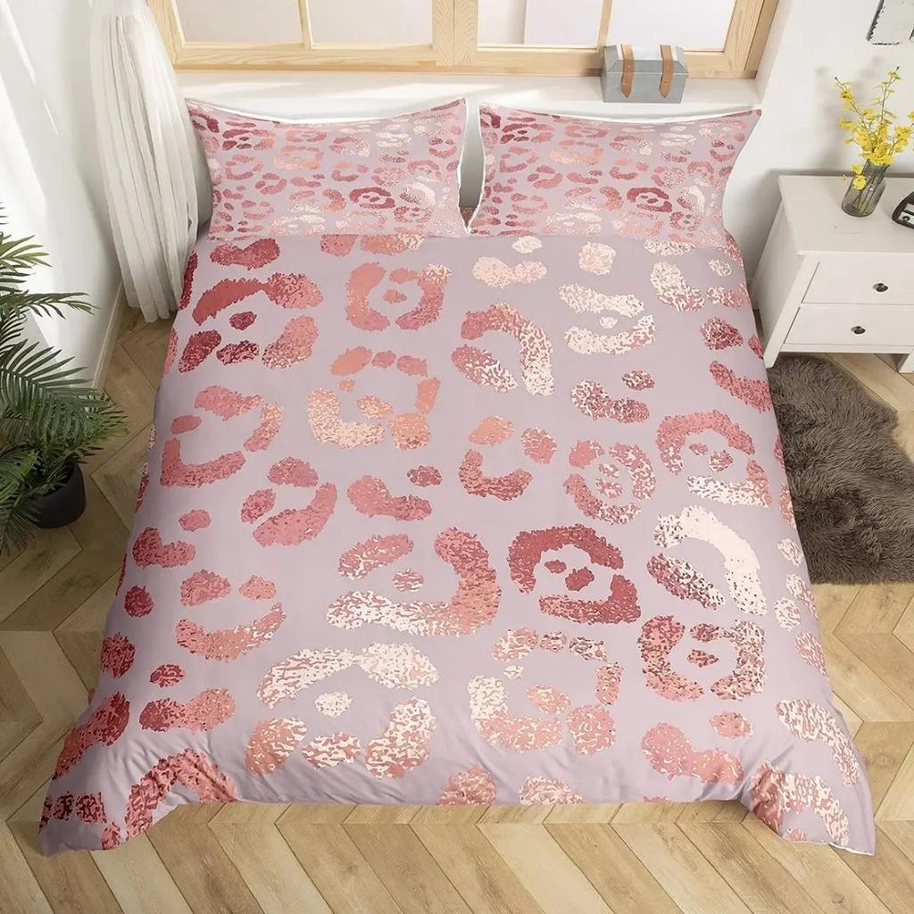 Animal Skin Leopard Duvet Cover Pink Leopard Print Bedding Set Pillowcase  For Girly Teens Women Bedroom Decor