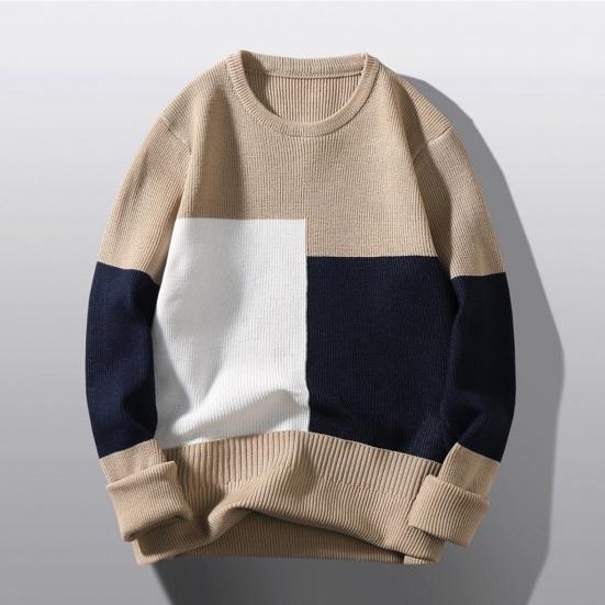 Men Fall Winter Sweater Thick Knitted Colorblock Long Sleeve Patchwork Round Neck Loose Pullover Elastic Loose Warm Sweater
