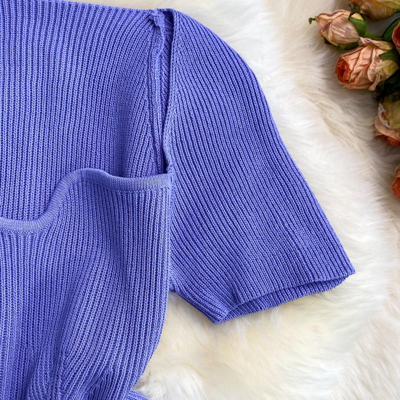 Women Summer Color Solid T Shirt Short Sleeve Square Collar Straight Tee Shirt Wear Top