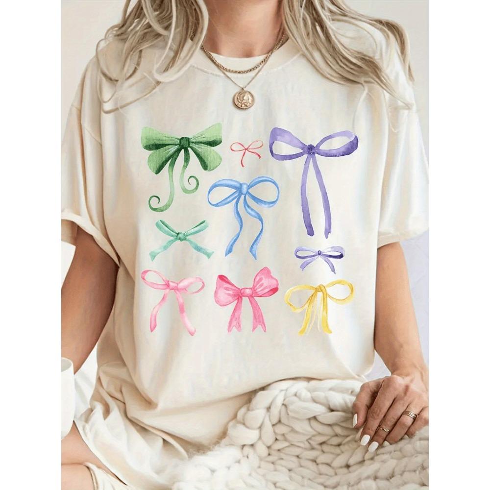 

Women s Casual with Colorful Bow Design Sleeve Round Neck Spring Summer Valentine s Day Casual Wear Clothes 3XL