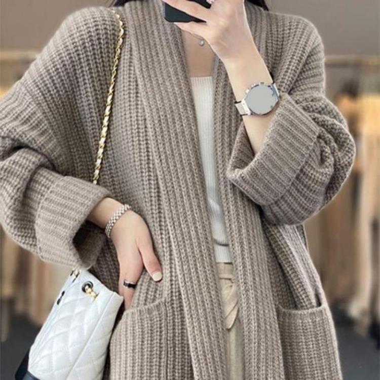 Fall Winter Womens Cardigan Sweater Lapel Open Stitch Knit Loose Thick Warm Soft Elastic Long Sleeve Mid Length Coat Jacket Plus Size Pockets