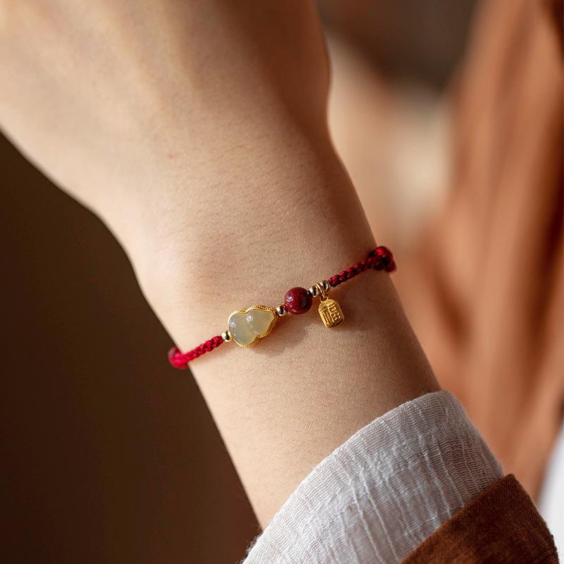 2025 Year of the Snake Hetian Jade Gourd Bracelet: Red Cinnabar Good Luck Beads for Men & Women