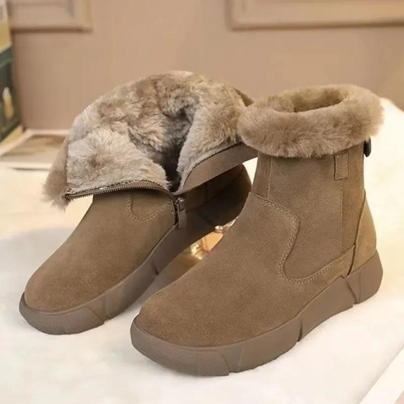 Fashion Women's Cotton Boots Winter New Style with Plush Insulation Snow Boots Fashionable Round Head Side Zipper Anti Slip Ankle Boots