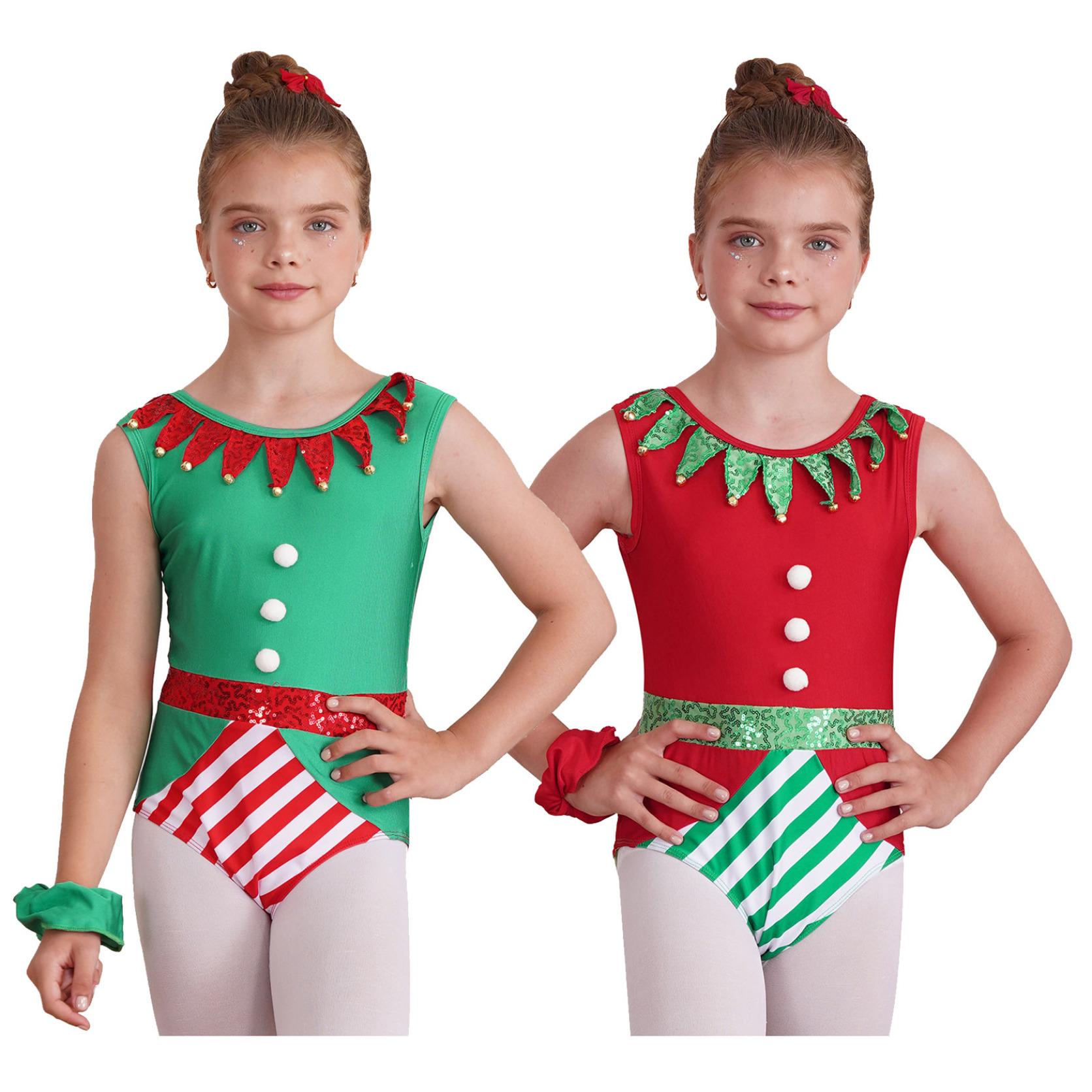 

Kids Christmas Dress Up Elf Costumes Color Block Jumpsuit Bell Pom Pom Sequin Adorned Elastic Headband Outfits
