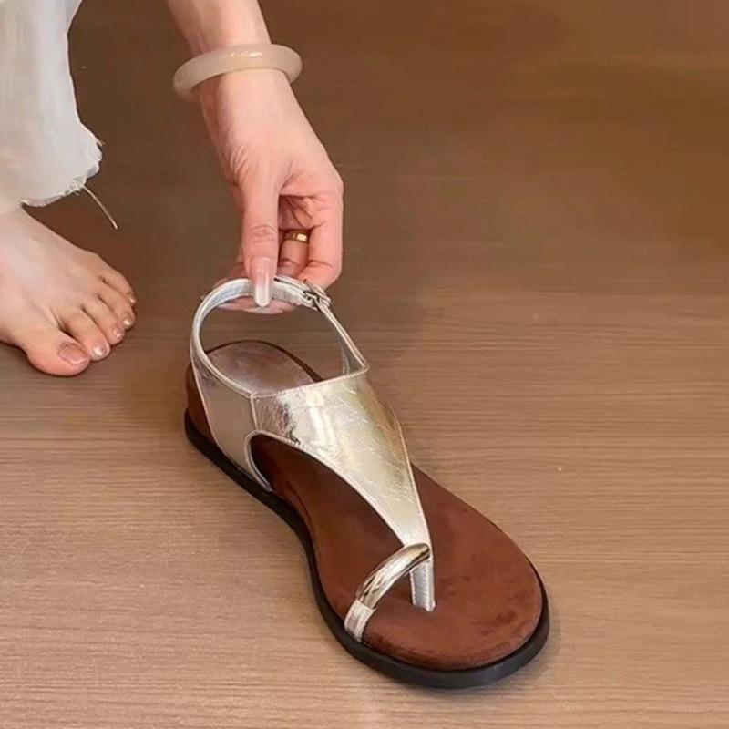 Metal Buckle Toe Sandals for Women Summer New Round Toe Open Toe Soft Sole Comfortable Wedge Heel Roman Shoes