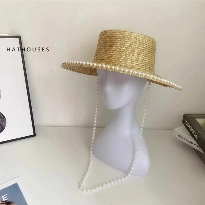Wheat Straw Sun Hat For Women Summer Pearl Wide Brim Floppy Panama Fishermen Hats Female Lady Outdoor Foldable Beach Sun Caps