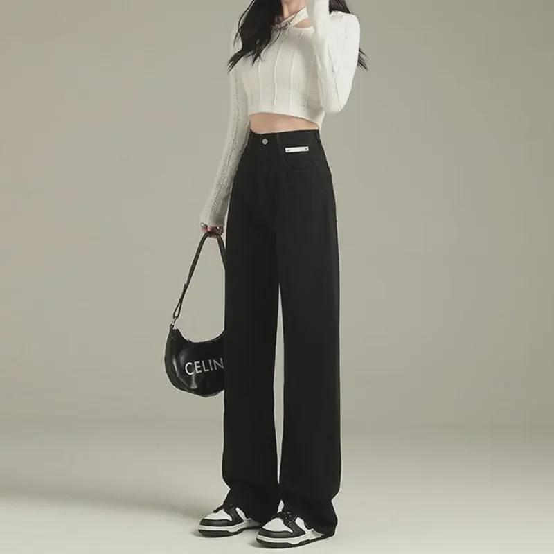Black High-Waist Leather Straight-Leg Denim Pants - Women's Loosely Fitted Autumn Design