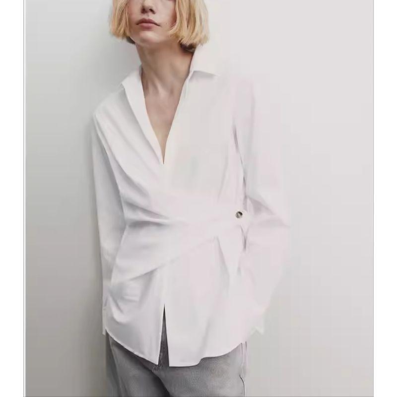 MD Spring New Arrival Women's Minimalist Style Stylish Cross Bow Tie Cotton Blend White V-neck Shirt 5150503