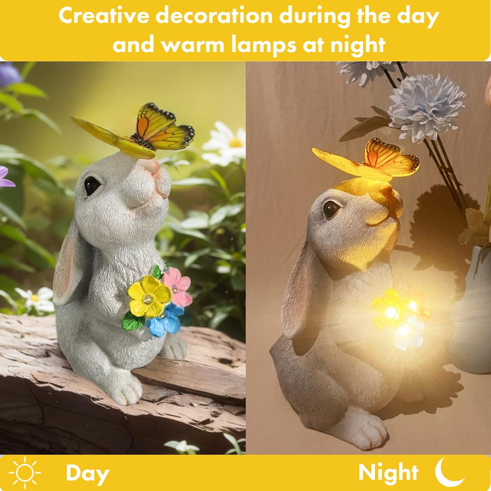 Socha králíka z pryskyřice se solárním motýlem, květinovým světlem, zvířecí zahradní socha, roztomilý králíček, ozdoba pro venkovní zahradní dekoraci
