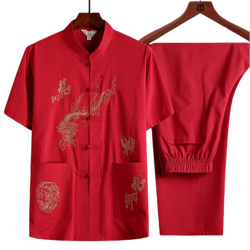 Middle-aged and Elderly Chinese Style Tang Suit Dad Summer Short-sleeved Suit Grandpa Summer Chinese Button-down Shirt and Pants Two-piece Set