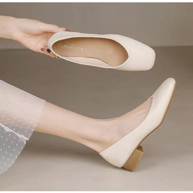 2025 new thick heel gentle fairy square head single shoes flat sole one pedal soft sole versatile female Doudou shoes female