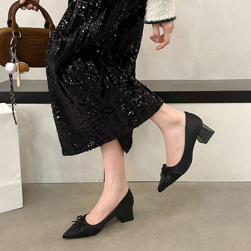 2025 autumn and winter new bow low heel one pedal pointed head satin evening high heels thick heel single shoes women