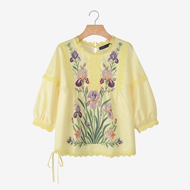 ZANZEA Women Lace Splice Round Neck Floral Print Casual 3/4 Sleeve Blouse