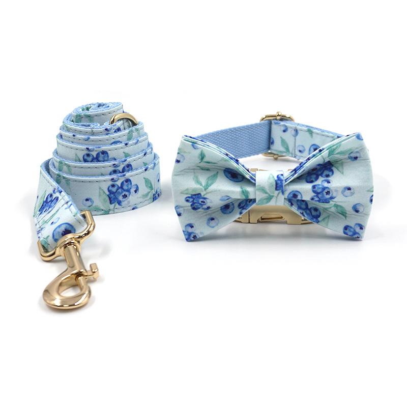 Mihala Boss Blueberry Print Dog Collar, Leash, and Bowtie Set with Gold Buckle Large