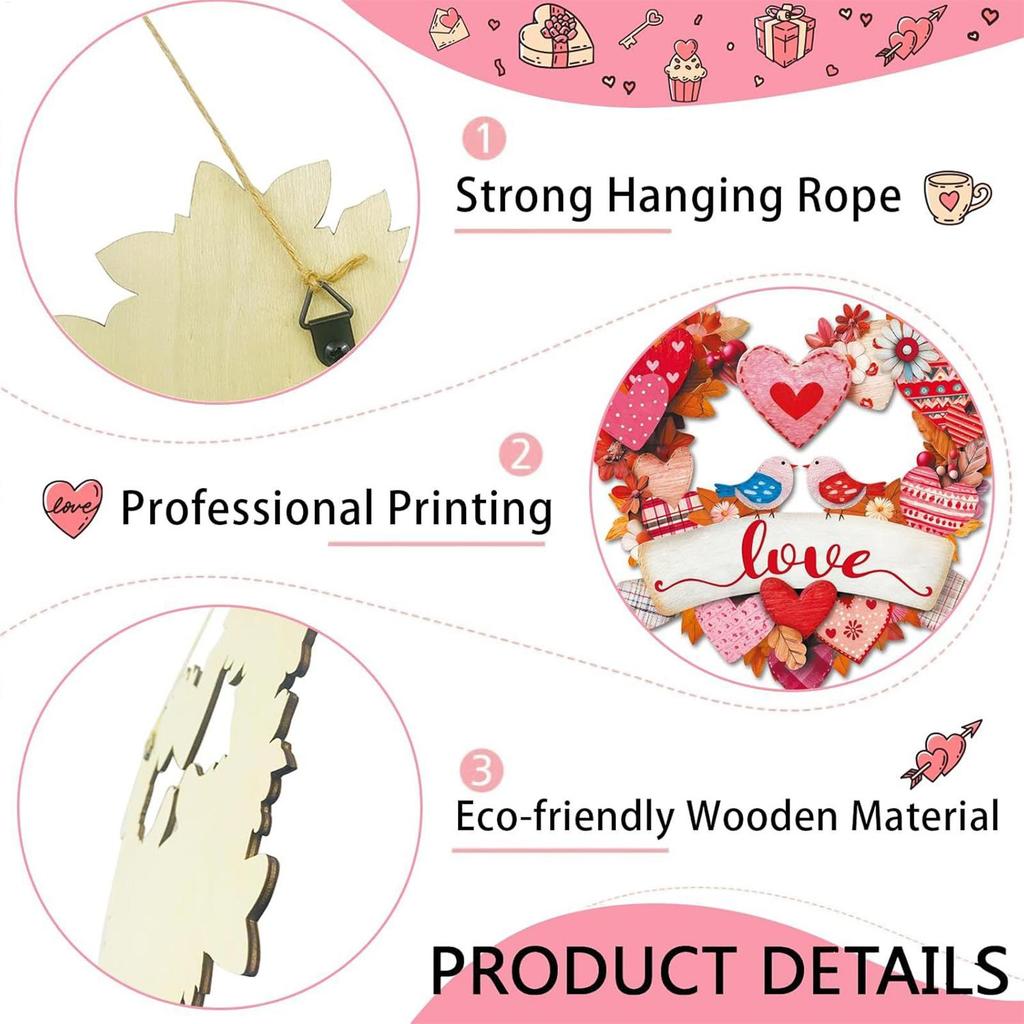 Wooden Love Heart Decorative Sign Valentines Door Sign Rustic Front Door Hangable Decorations for Outdoor Indoor Living Room