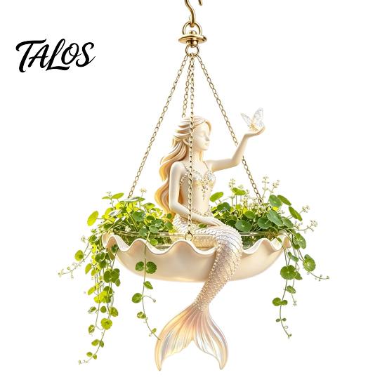 Whimsical Mermaid Plant Holder Fairy Ballet Dancer Hanging Planter, Resin Decorative Flower Pot with Metal Chain, Small Pothos Container Outdoor