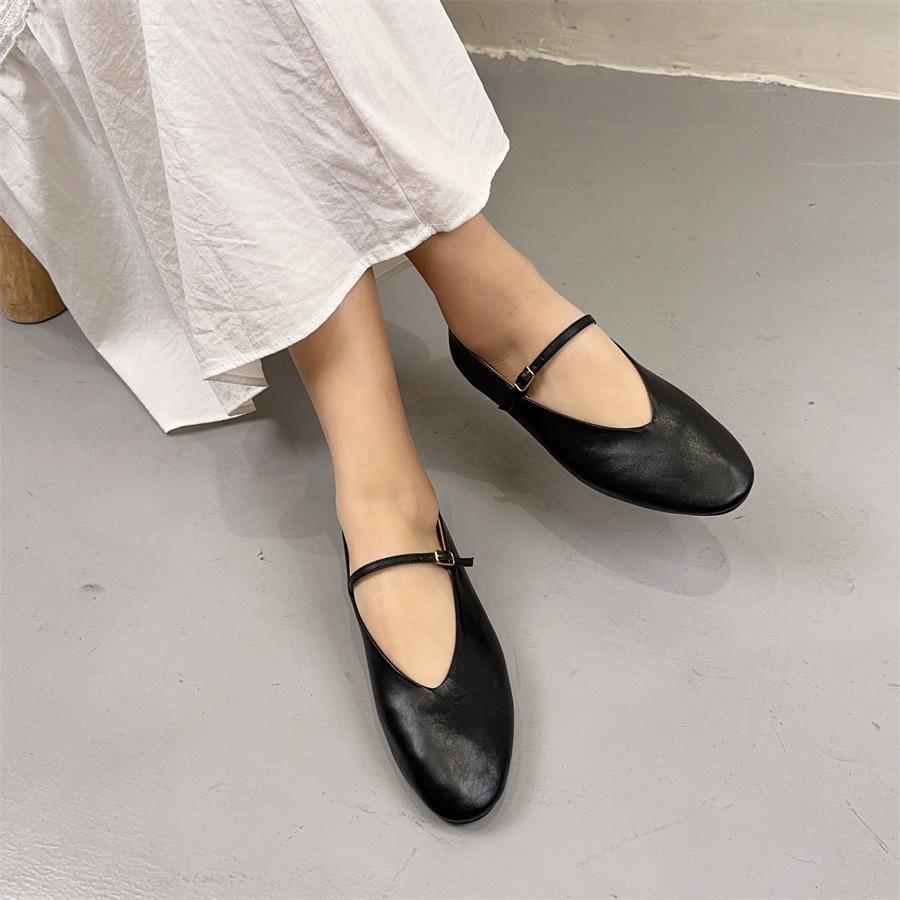 Johnature Genuine Leather Flats Women's Shoes Round Toe Casual Shallow Belt Buckle Soft Soled Shoes