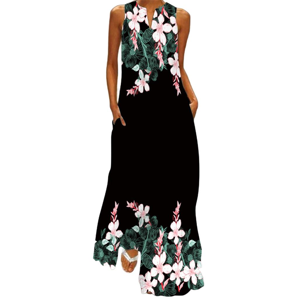 Yousheng Lady Maxi Dress with Pockets Flower Printing A-line V Neck Sleeveless Loose Full Length Dress for Vavation Beach Parties