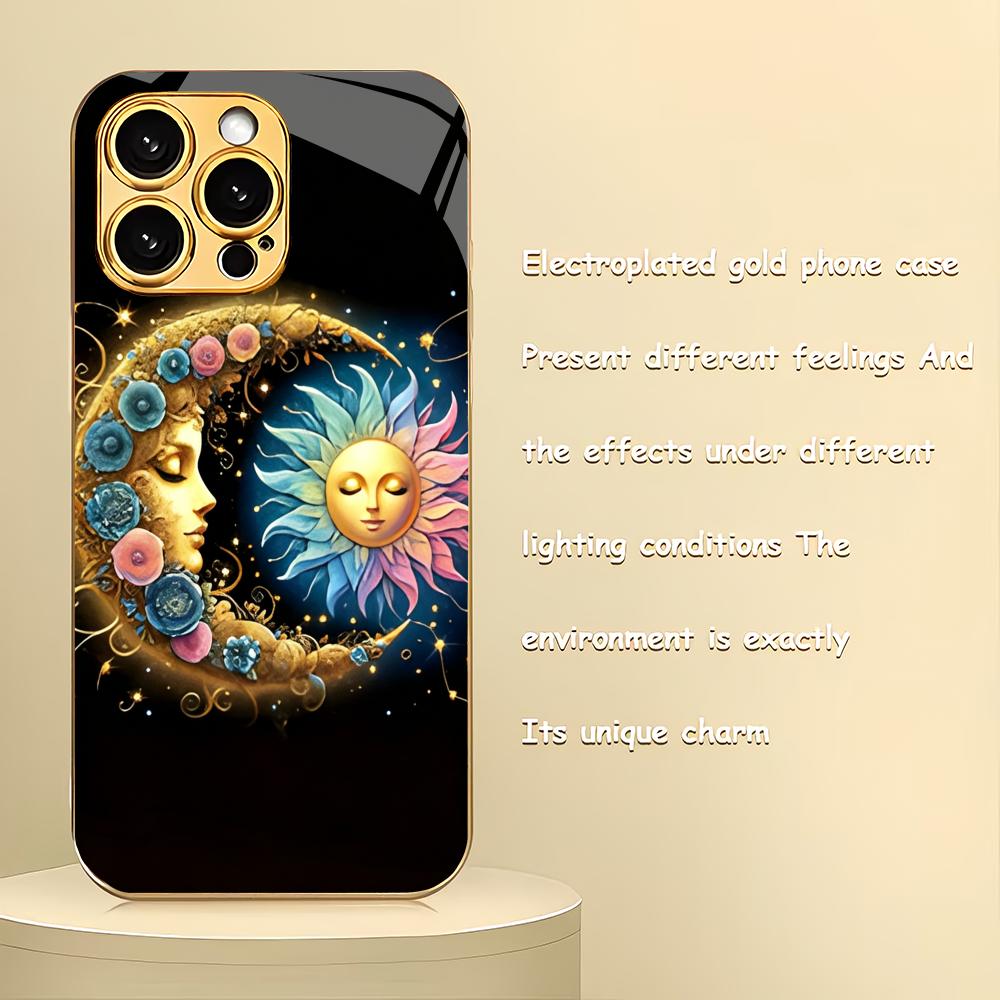 Moon Sun Pattern Metallic Paint Glass Phone Case Suitable for iPhone 17 16 15 14 13 12 11 Pro Max Plus Anti Shock Back Cover