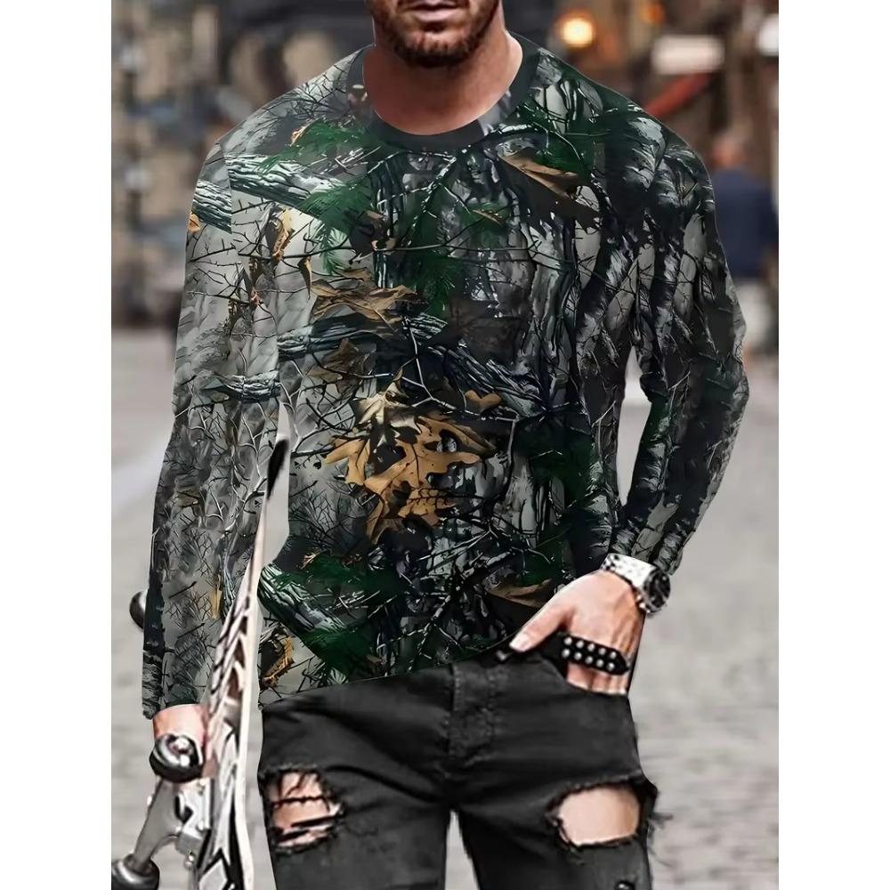 Camiseta Masculina de Manga Longa Camuflagem Caça Estampa Gráfica 3D Camiseta Masculina Moda Tops Camisetas Top para Exterior Camo Roupas Femininas