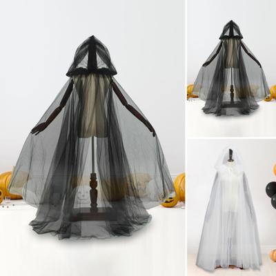 Capa de cosplay de Halloween con capucha de malla fantasma con cordón plisado hasta el suelo, capa de actuación medieval gótica, disfraces de carnaval