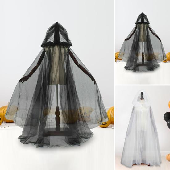Halloween Cosplay Cloak Ghost Mesh Hooded Drawstring Pleated Floor Length Gothic Medieval Performance Capes Costumes Carnival Coat