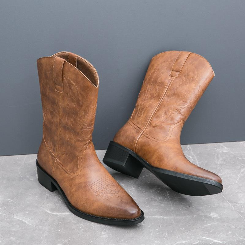 New 22 Seasons European and American Western Cowboy Boots Wooden Root Embroidered Mid-Leg Leg Boots Knight Pointed Leather Boots