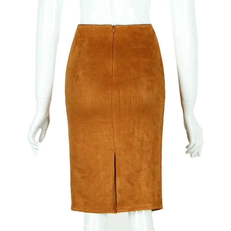Autumn Winter High Waist Bodycon Vintage Suede Split Thick Stretchy Skirts Women Skirts Suede Solid Color Pencil Skirt
