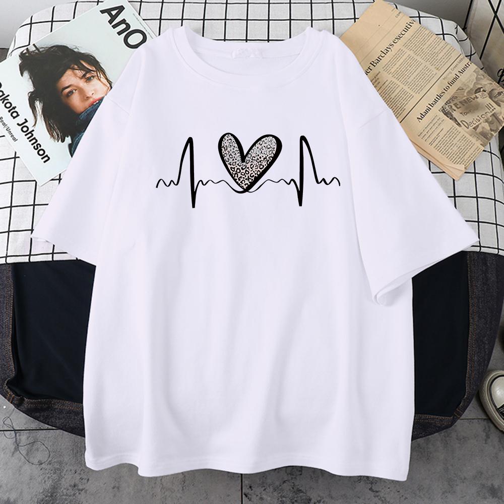 Fluctuating Leopard Heart Electrocardiogram T-Shirt Women Summer Soft Clothing Short Sleeve Plus Size Cotton Tshirts