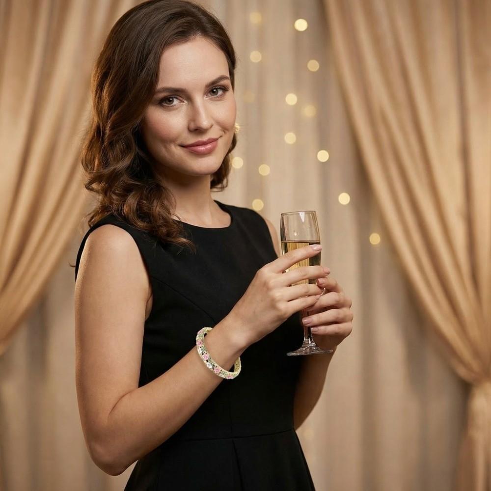 Enamel Flower Crystal Bangle Rhinestone Women's Hand Bracelet Vintage Cloisonne Bangle  Ladies