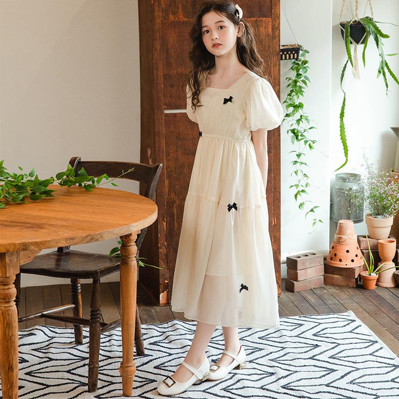 Girls' Chiffon Summer Dress, Short Bubble Sleeves, Long Korean Princess Style 2023.