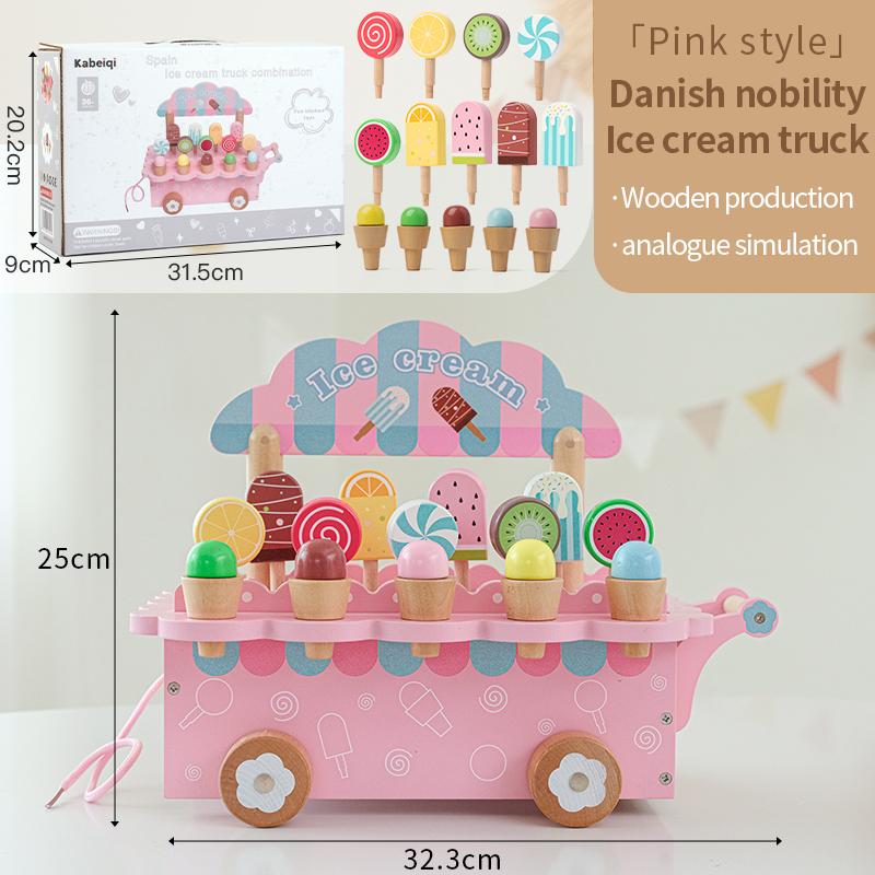 

Set Girls Kitchen Accessories Pretend Play Kids Wooden Ice Cream Cart Toy Safe Use Nice Decor Good Gift For Kidss