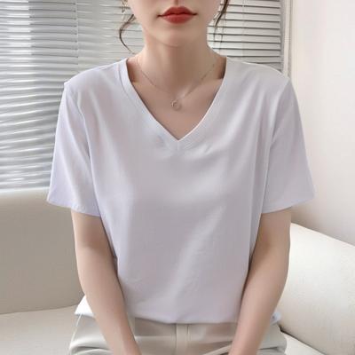 Women's Short Sleeve Tee V Neck Casual Basic Top Plus Size Cotton Solid Color Loose Fit Summer T‑Shirt