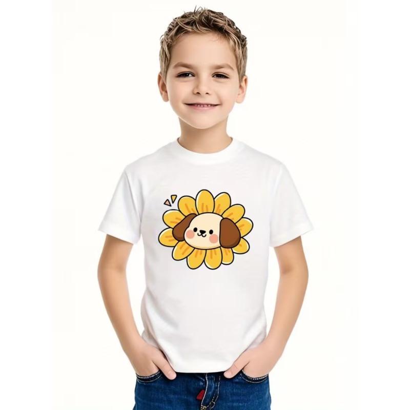 European size Boys round-neck short-sleeved T-shirt with sunflower and puppy head pattern print