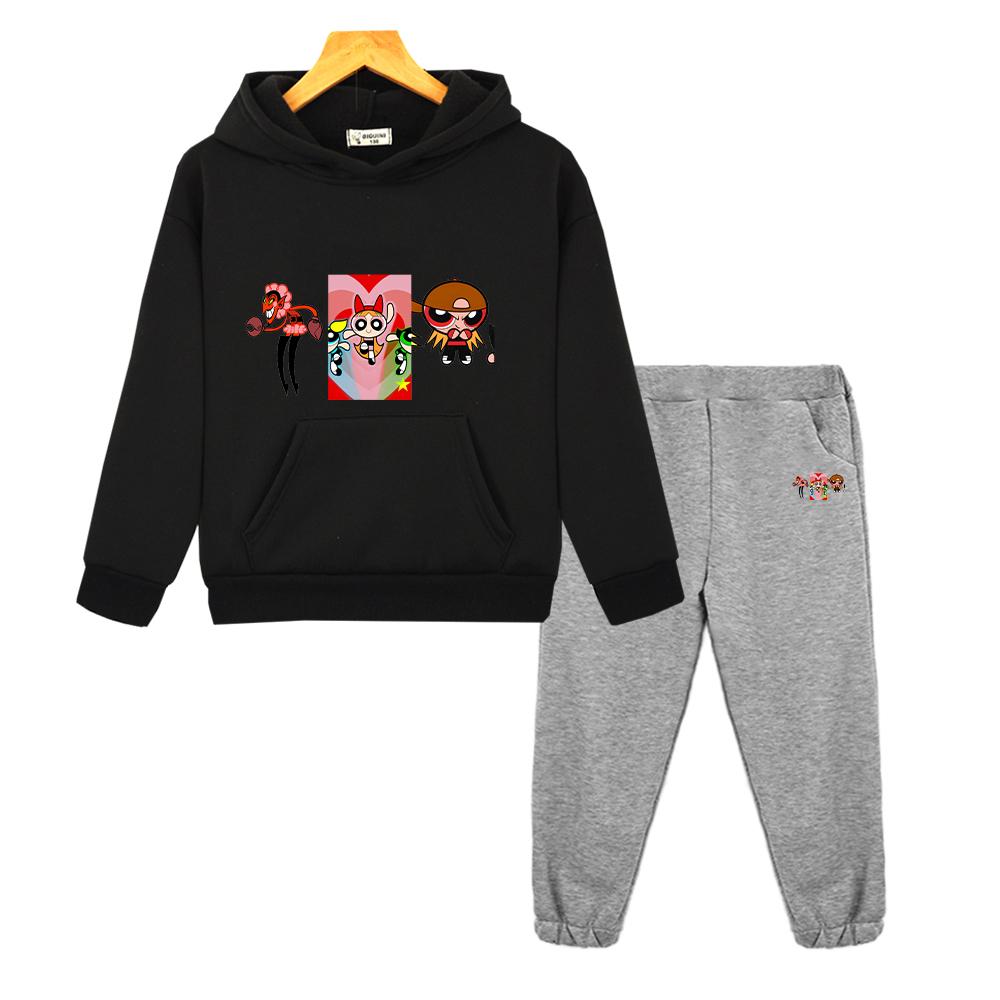 children clothes powerpuff girls anime hoodie Fleece sweatshirt 2pcs pullover+pants Sport Hooded Sets girl outfit boy clothing
