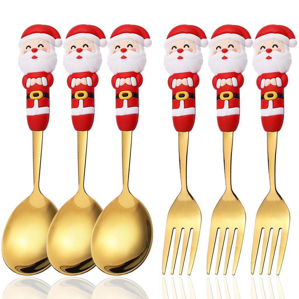 6pcs Stainless Steel Christmas Dinnerware Set Cake Fork Coffee Spoon Party Tableware Christmas Tree Moose Snowman Fork Spoon Set
