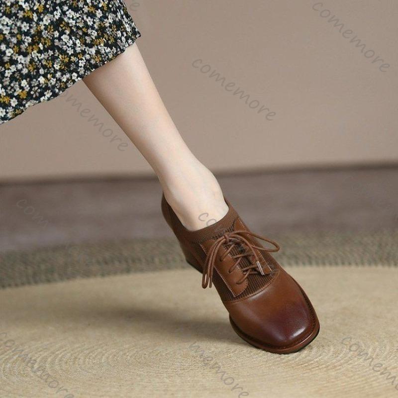Comemore Brown Retro Lace Up Pumps for Women Soft Leather Commuter Comfortable High Heels 2025 Spring Autumn Female Heeled Shoes